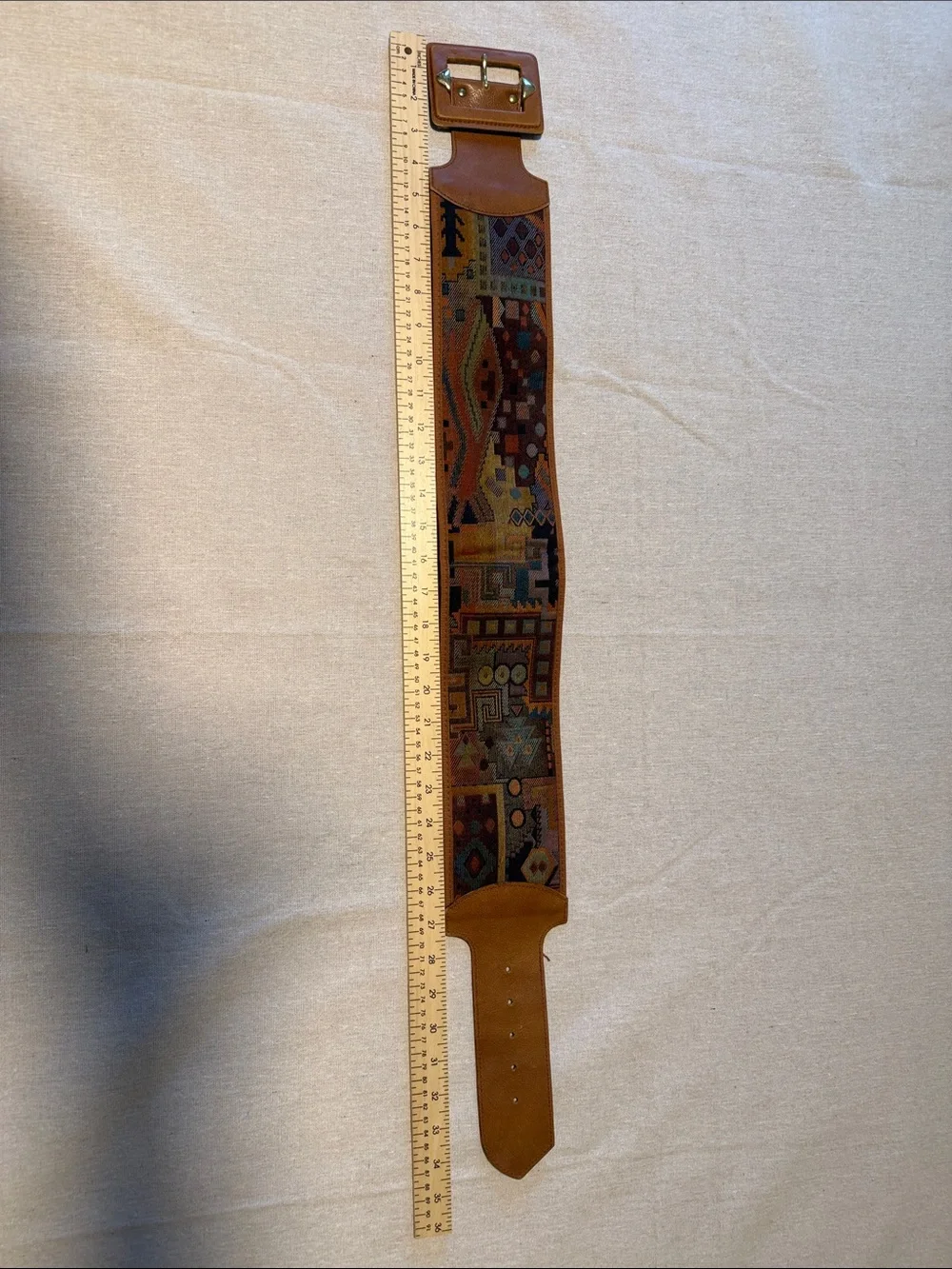 Vintage Express Wide Tapestry Leather Waist Belt Geometric Aztec Boho Cinch